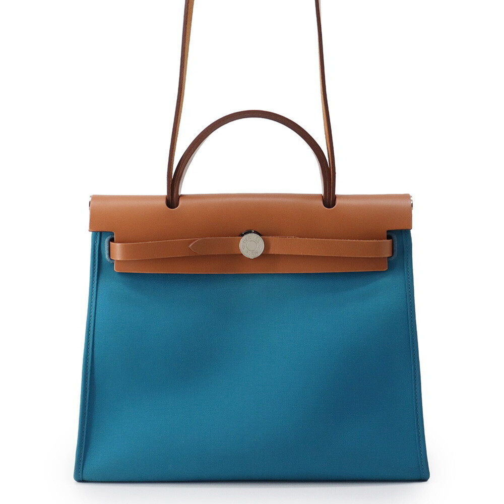 Hermes Herbag Zip PM Bleu de Galice Fauve Toile Officier Vache Hunter C stamp...